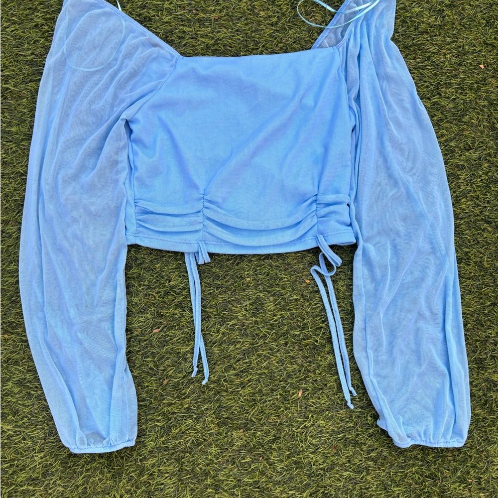 Ambiance Light Blue Mesh Ruched Long-Sleeve Crop Top - Picture 2 of 5